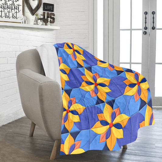 Orange Pinwheels on Blue Faux Quilt Ultra-Soft Micro Fleece Blanket (Made in USA)