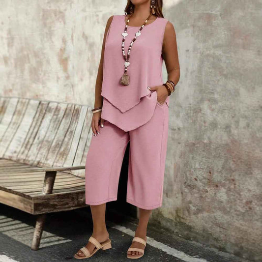 Casual Solid-Colored Sleeveless Top And Cropped Pants Two-Piece Set