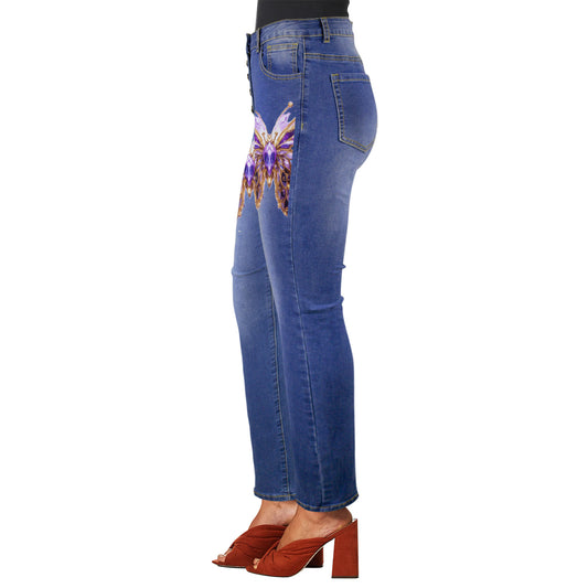Women's Crystal Butterfly Graffiti Front Print Jeans (Made in USA)
