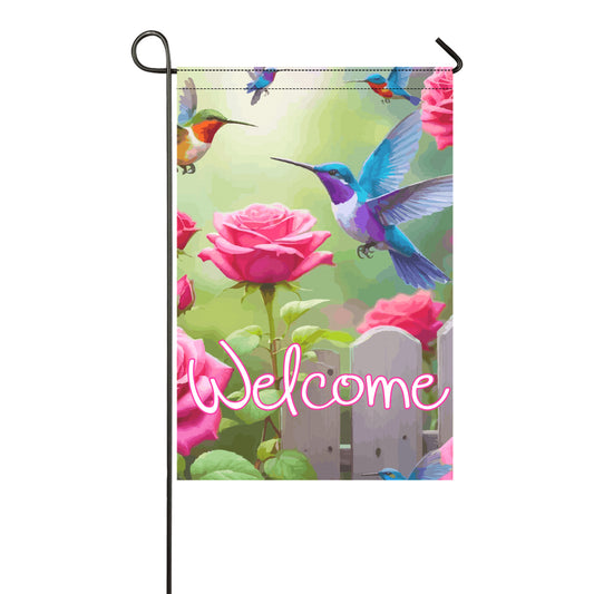 Hummingbirds with Pink Flowers Welcome Garden Flag - 12 x 18 inch (Made in USA)