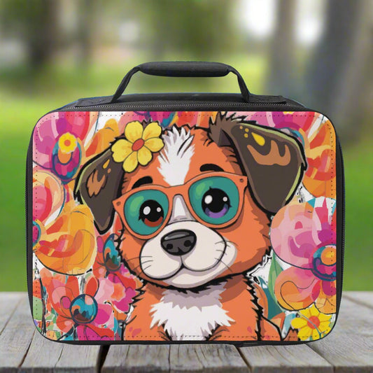 Whimsical Dog with Glasses Insulated Soft Sided Lunch Box
