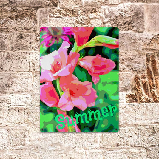 Letrero metálico de hojalata "Flores rosas en verano" (fabricado en EE. UU.)