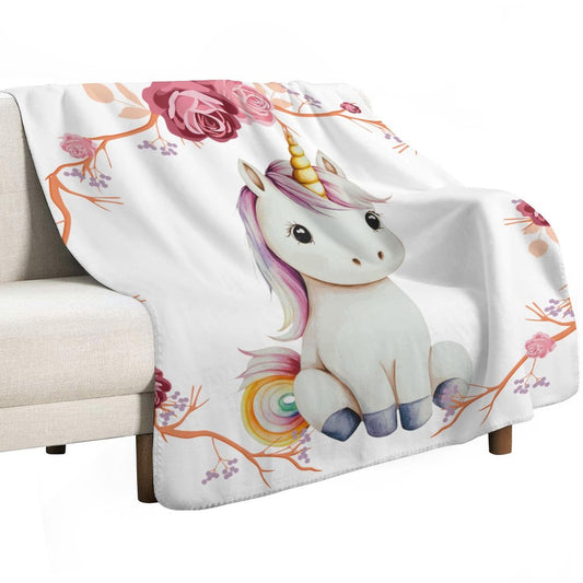 Baby Unicorn with Pink Roses Ultra-Soft Micro Fleece Throw Blankets