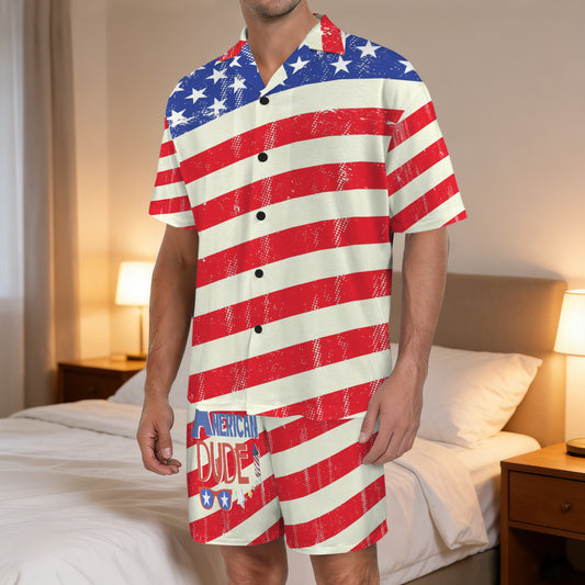 Men's All American Dude Flag Design V-neck Shorts Pajama Set (Made in USA)