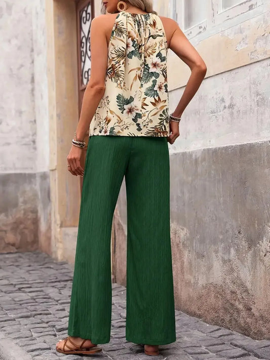 Women's Printed Tank Top and Wide Leg Pants Set Outfit