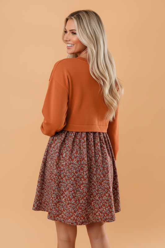 Floral Patchwork Long Sleeve Flared Mini Dress