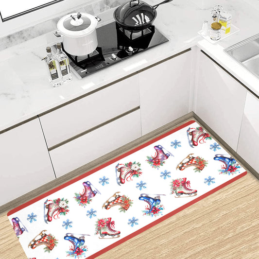 Christmas Skates with Red Border Kitchen Mat - 48" x 17" (Made in USA)