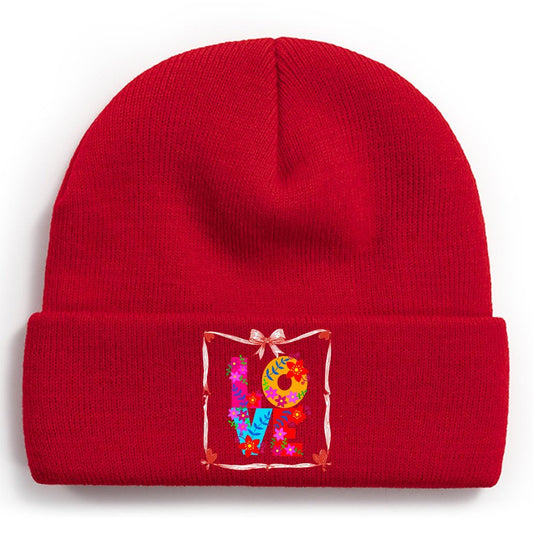 Floral LOVE Faux Knit Warm Winter Beanie Hat (Made in USA)