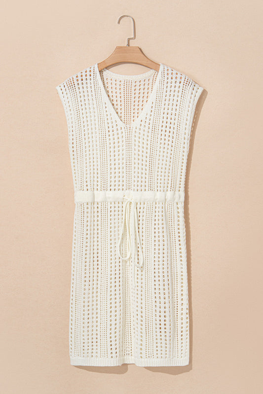 Crochet Open Knit Drawstring Waist Beach Dress Coverup
