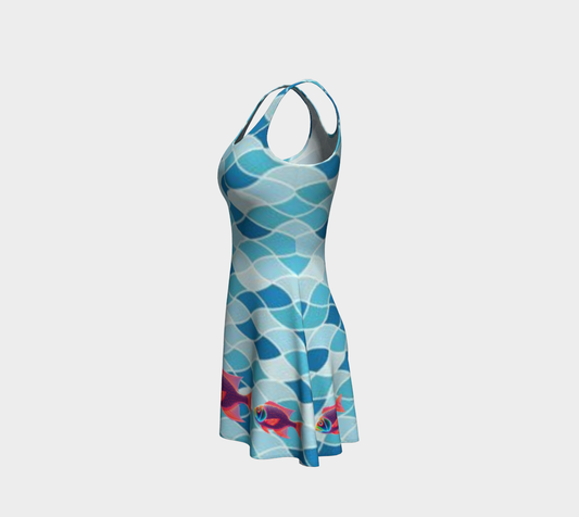 Neon Fish Swimming on Blue Designs Short Flared Dress