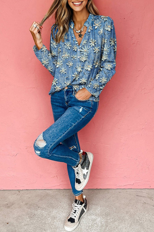Sky Blue Floral Long Sleeve Collared V-neck Blouse