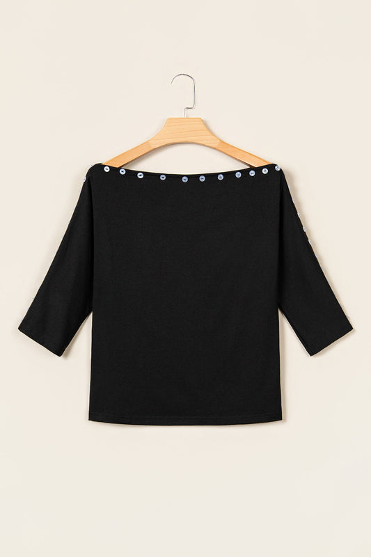 Solid Buttoned Off Shoulder 3/4 Sleeve Top