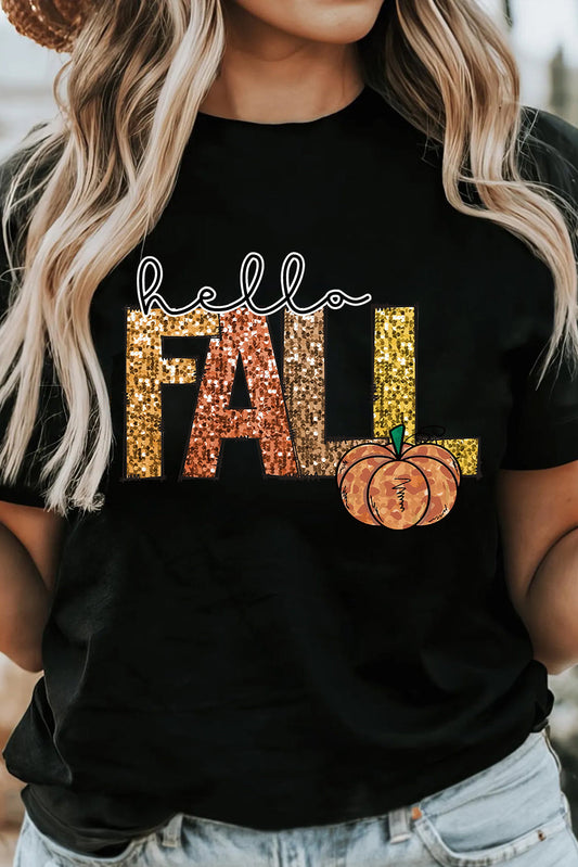 Black Hello Fall Pumpkin Printed Autumn T-shirt