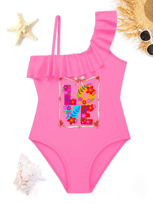 Girl's Floral LOVE Ruffled One-Piece Swimsuit (Front Printing)