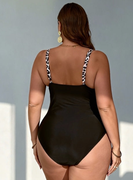 Women's Plus Size Black with Leopard Trim One-piece Casual Swimsuit