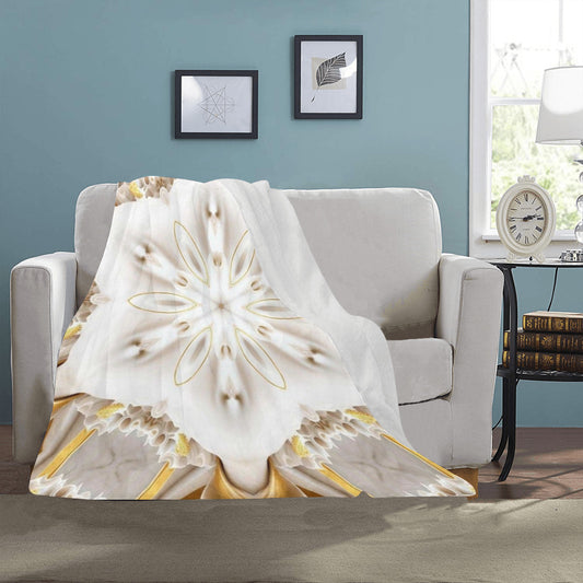White Flower with Gold Trim Ultra-Soft Micro Fleece Blanket 40" x 50" (Made in USA)