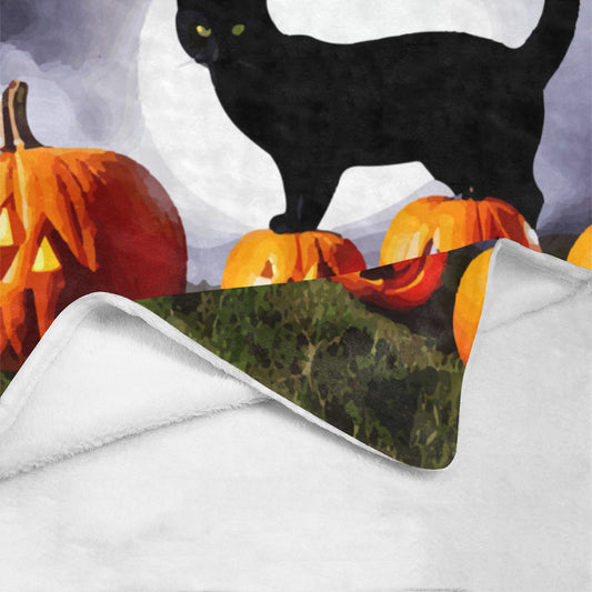 Halloween Black Cat on Orange Pumpkins Ultra Soft Blanket 43" x 56" (Made in USA)