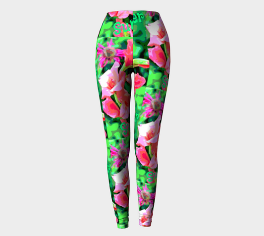 Pink Summer Flowers Printed Long Yoga Leggings