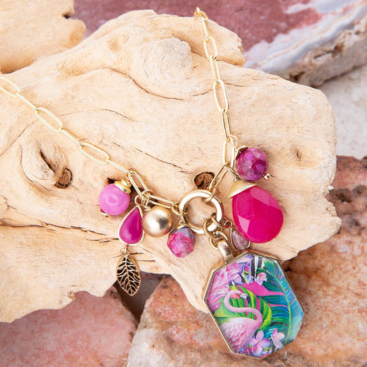 Flamingo Pink Agate Golden Pendant Necklace