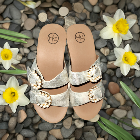 Women's Pale Gold Wedge Sandals with Pearl Trim