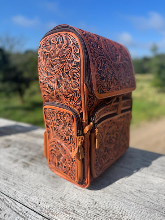 Fully Tooled Western Backpack Genuine Leather Diaper Bag Personal Item carry-on luggage by Double B Wild Rags