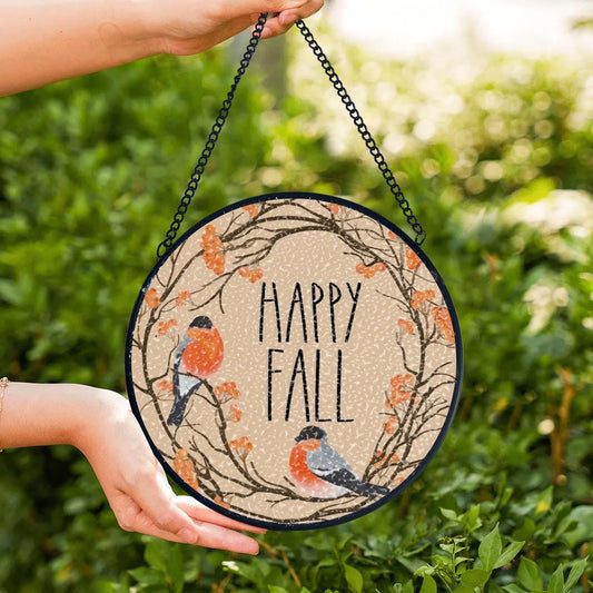 Happy Fall with Orange Birds and Tree Branches Suncatcher