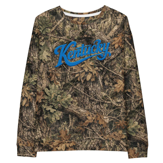 Kentucky Camo Sweatshirt | Mossy Oak All-Over Print with Blue Script | Unisex Cotton