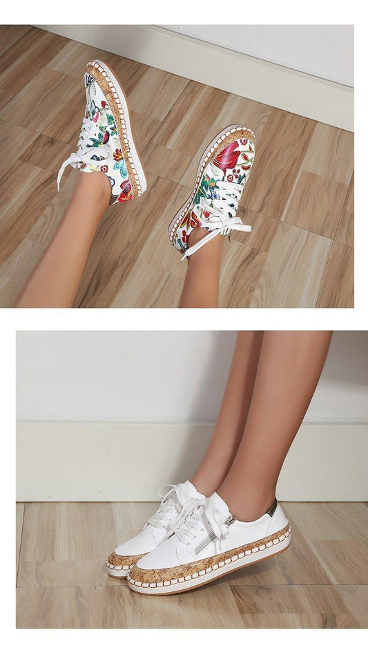 Women's High-Quality Boho Colorful Floral Design Lace-up Flat Casual Sneakers Shoes