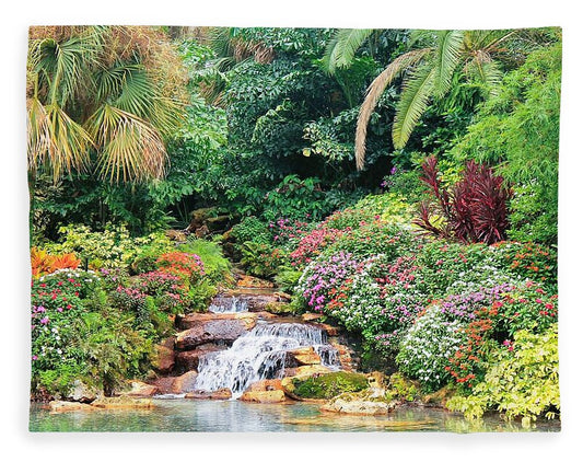 Serene Tropical Garden and Waterfall in Orlando, Florida - Blanket