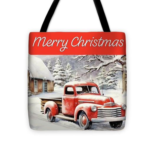 Vintage Christmas Scene with Red Truck - Tote Bag