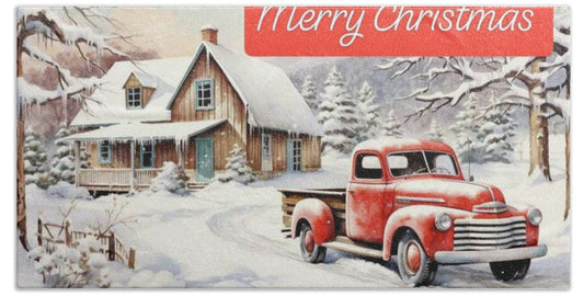 Vintage Christmas Scene with Red Truck - Bath Towel