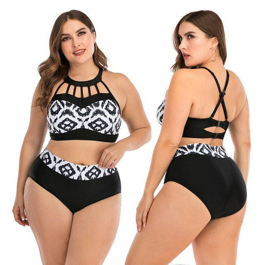 Women's Two Piece Plus Size Halter Neck Built-in Sports Bra Bikini Swimsuit Beachwear