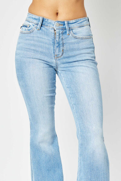 Judy Blue Full Size Mid Rise Raw Hem Slit Flare Jeans up to 24W