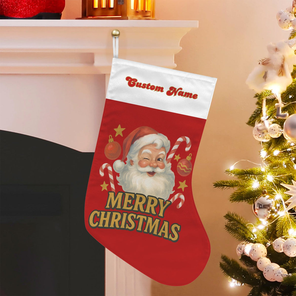 Red Christmas stocking with Santa Claus design hanging on a fireplace mantle next to a decorated tree.