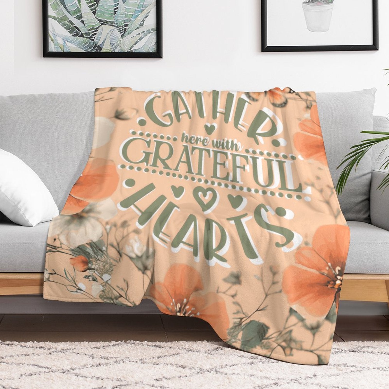 Gather Here with Grateful Hearts Orange Flannel Throw Blanket - 40