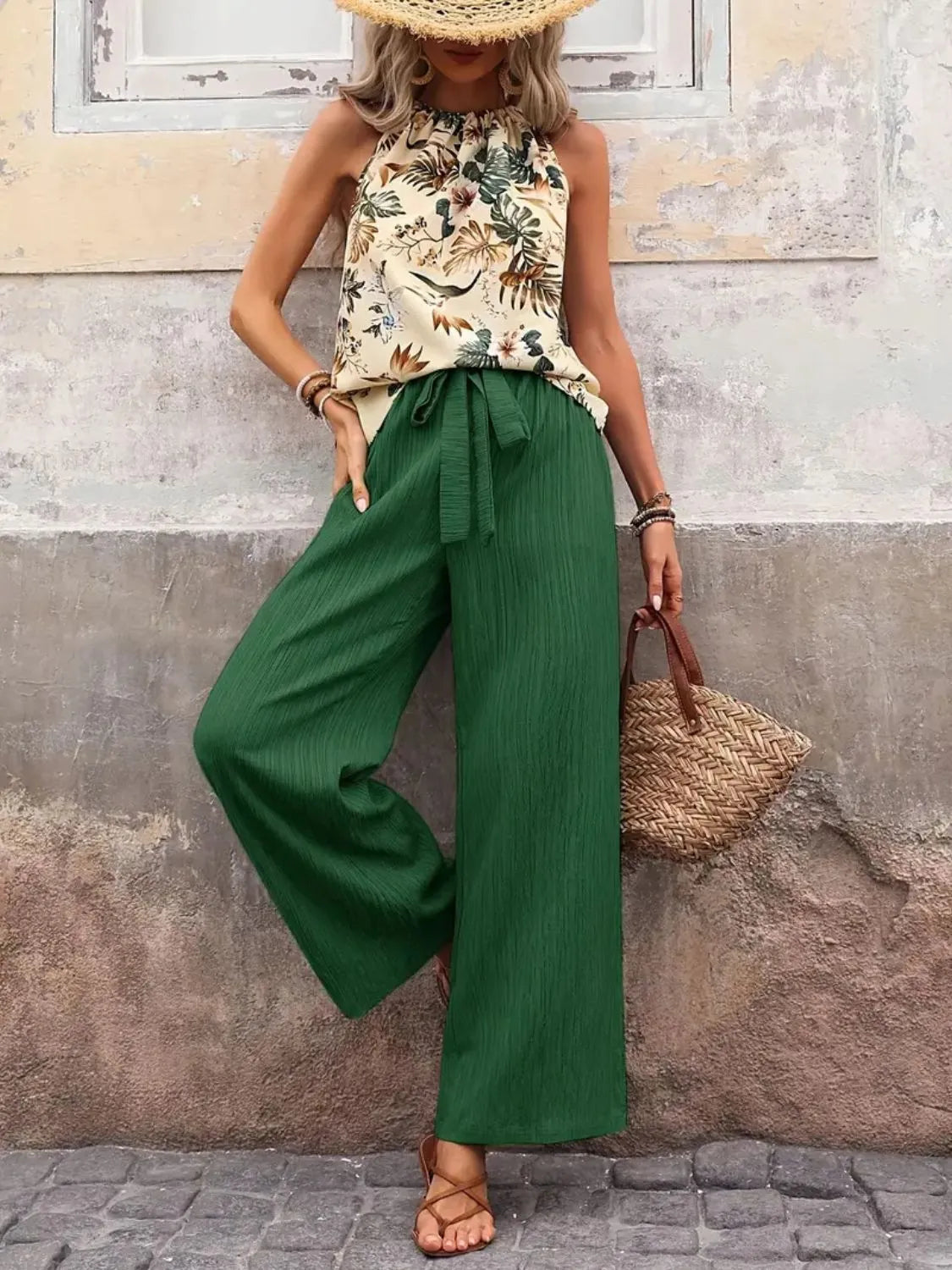 Women's Printed Tank Top and Wide Leg Pants Set Outfit