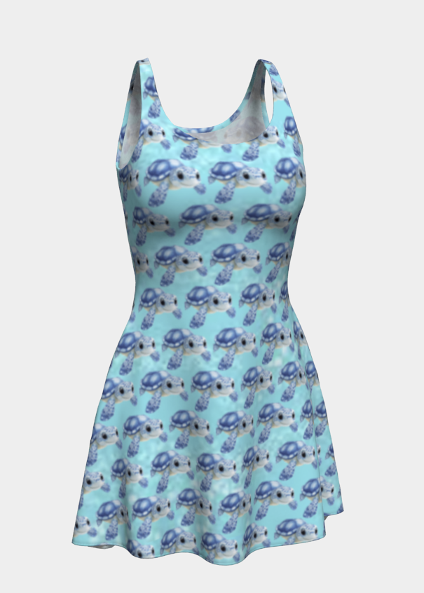 Blue dress with turtle pattern on a light gray background