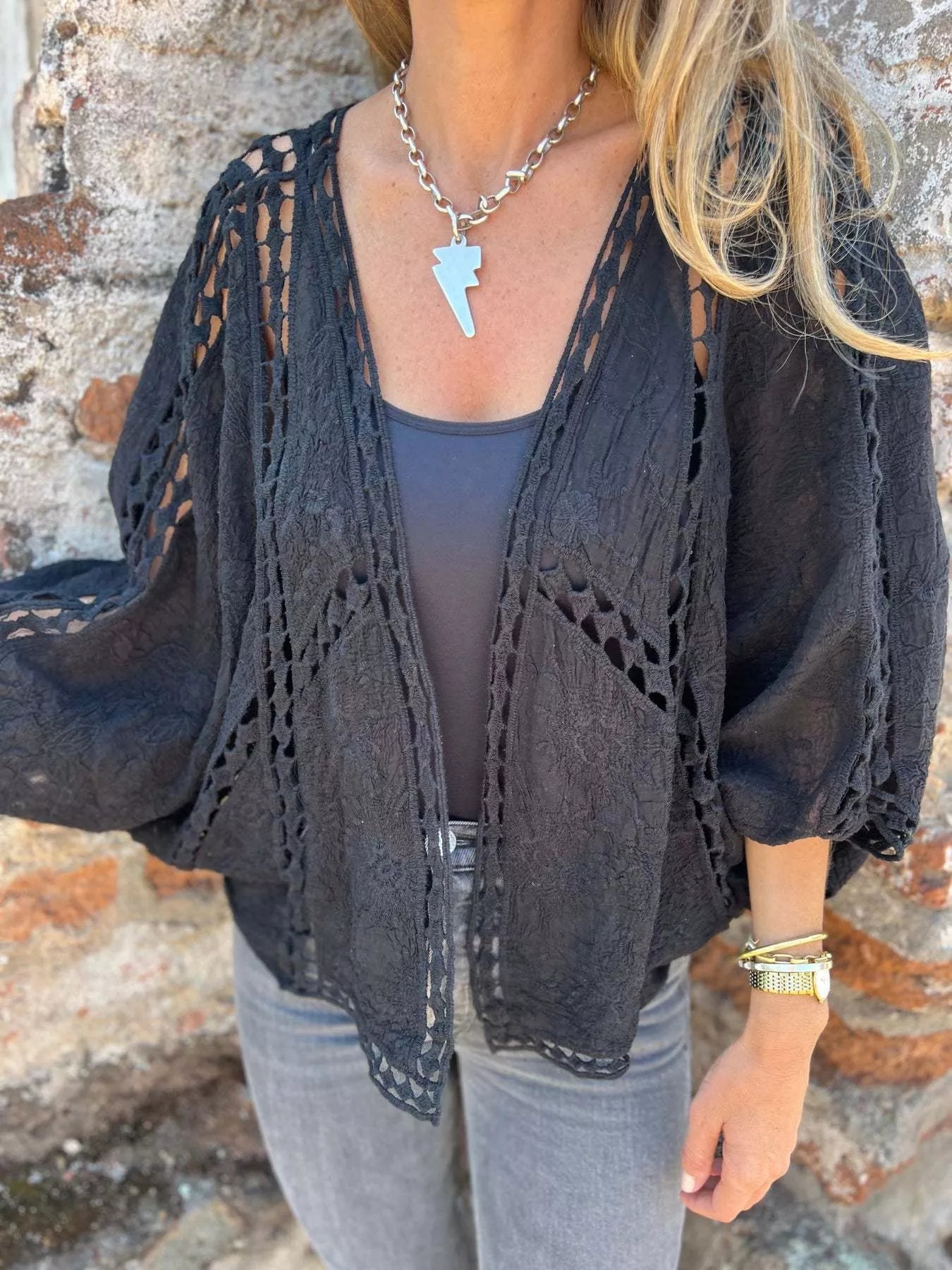 Women's Plus Size Embroidered Lacy Open Front Cardigan