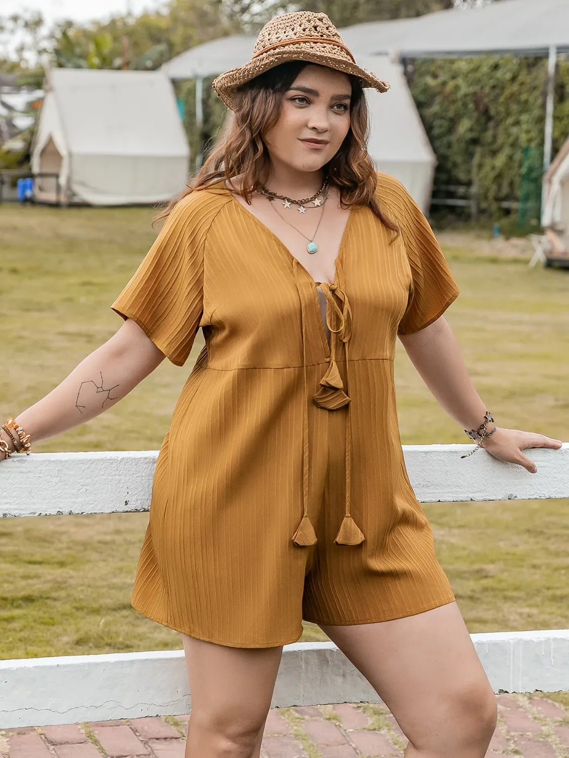 Mustard Plus Size V-Neck Short Sleeve Romper