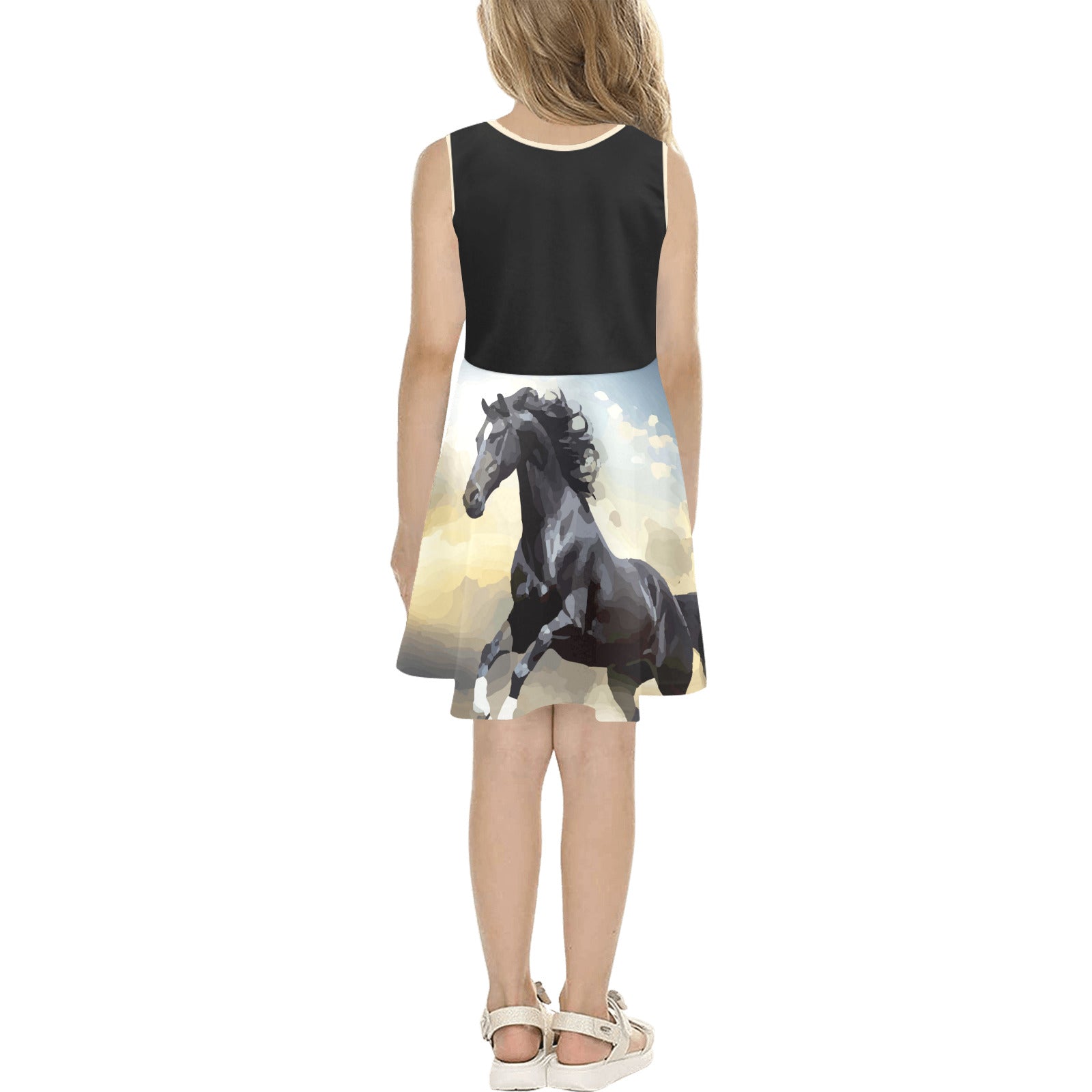 Black Beauty Wild Horse Girls' Sleeveless Sundress (Model D56)