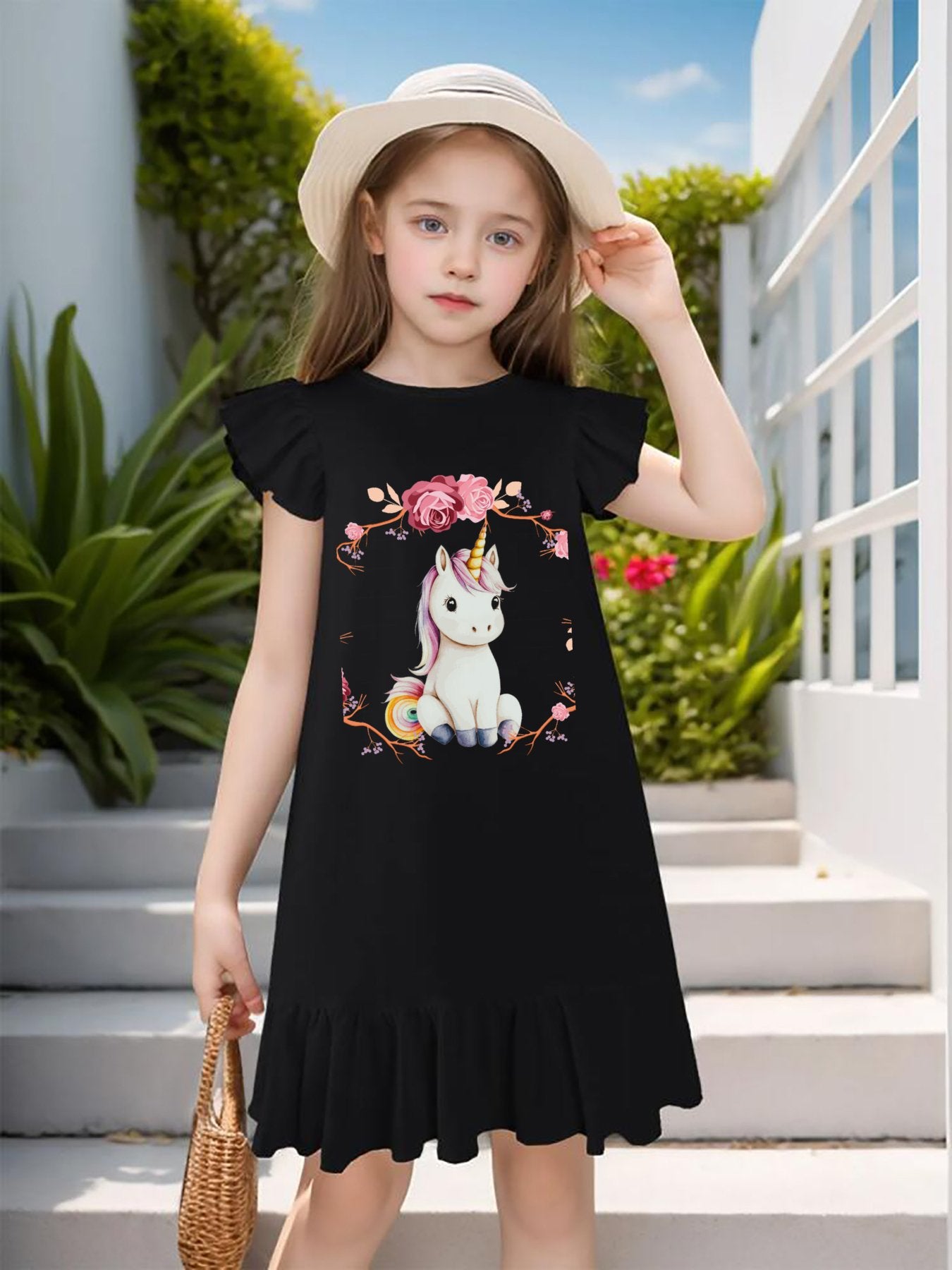 Baby Unicorn with Pink Roses Flutter Sleeve Dress for Girls (Front Printing)