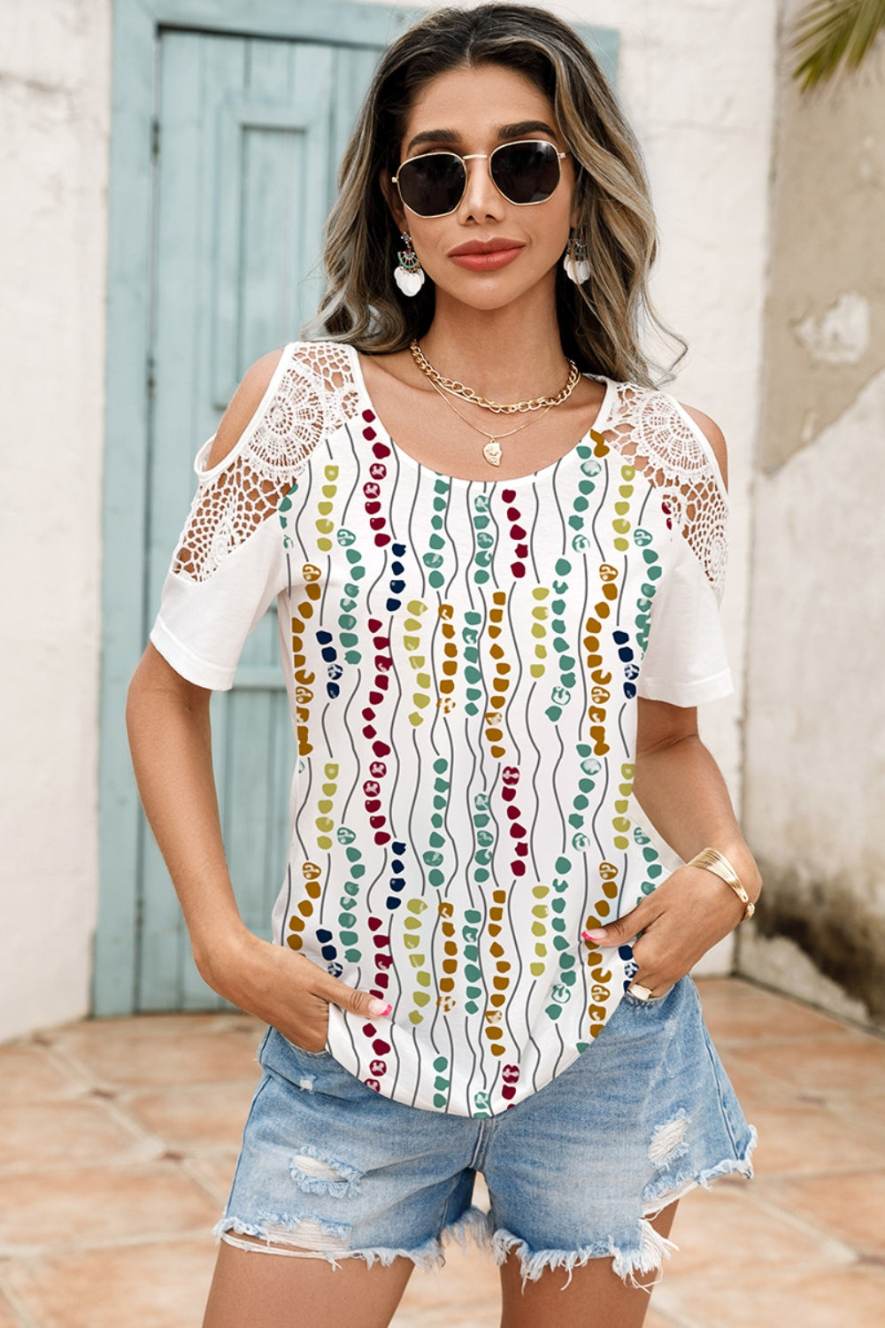 Women's Lace Detail Cold Shoulder Printed White Blouse