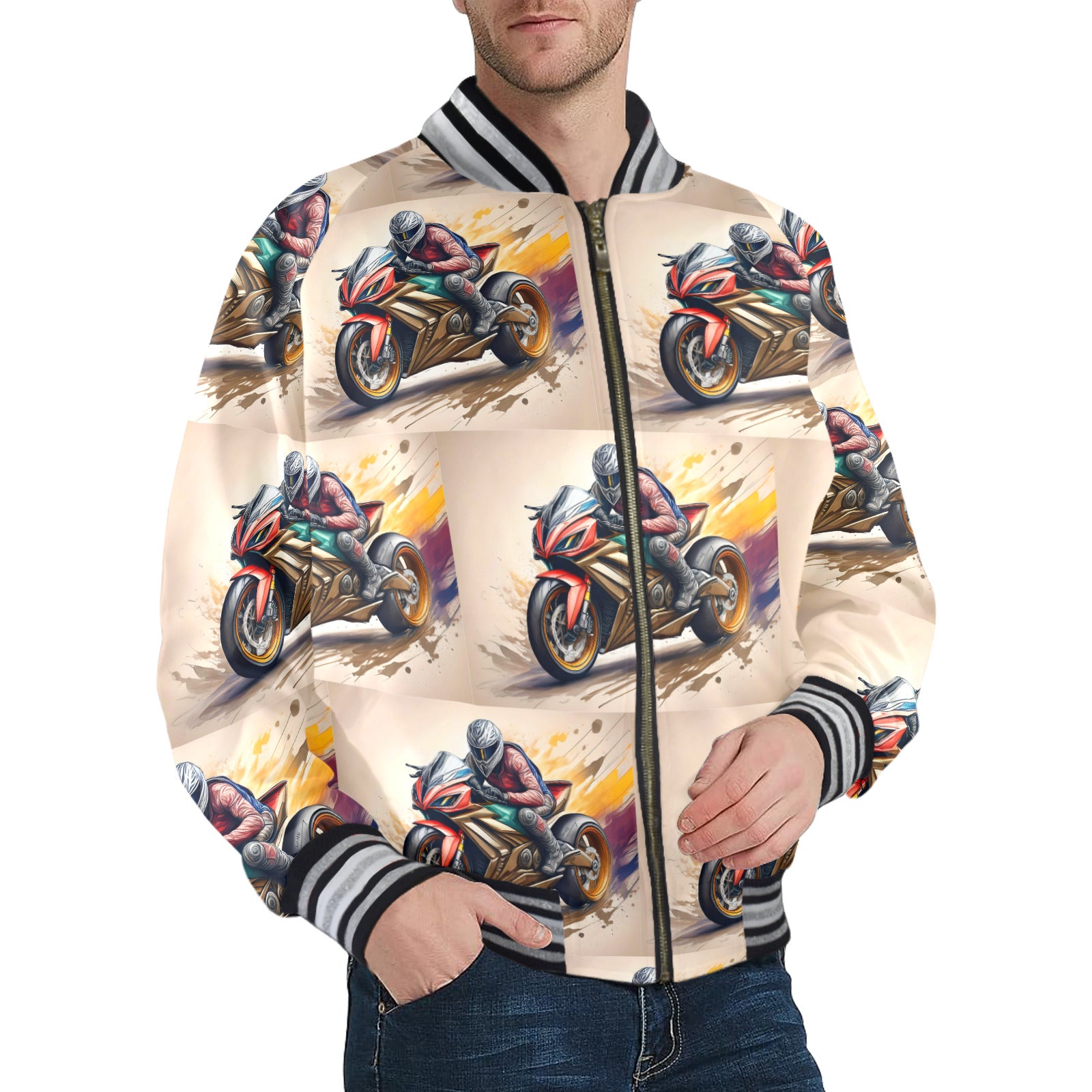 Men's Motocross Striped Trim Bomber Jacket