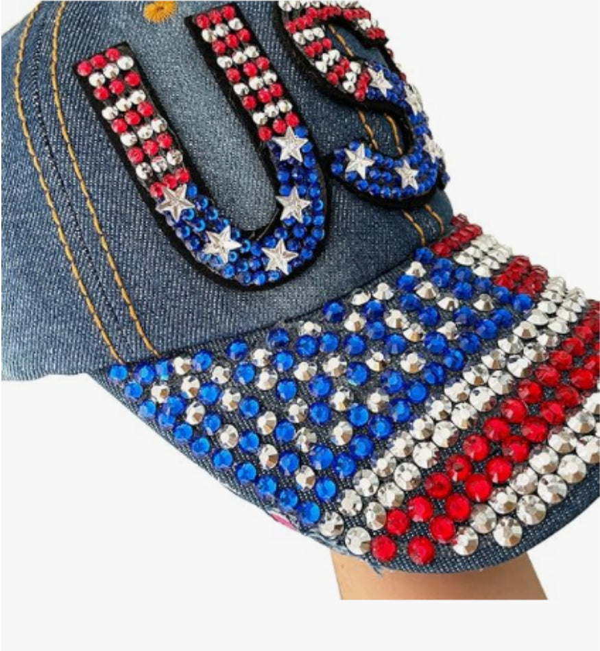 USA Rhinestone Denim Distressed Baseball Cap Hat