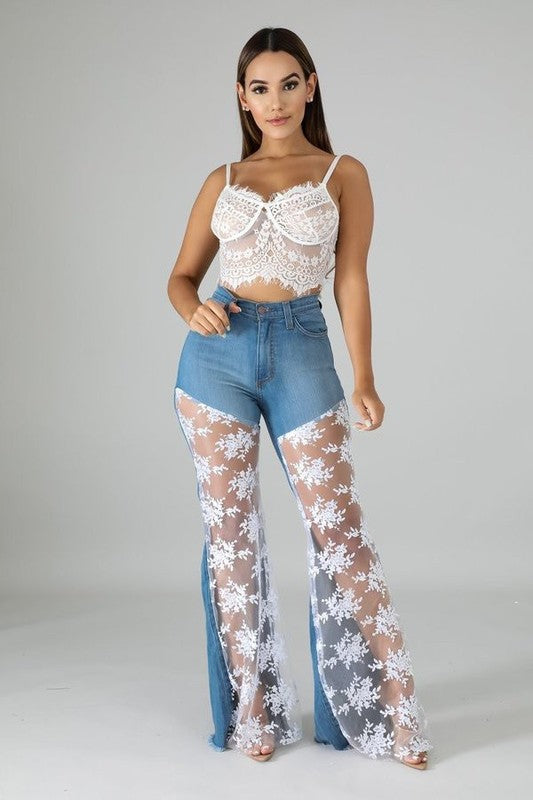 Women's White Lace Bell Bottom Short Jeans