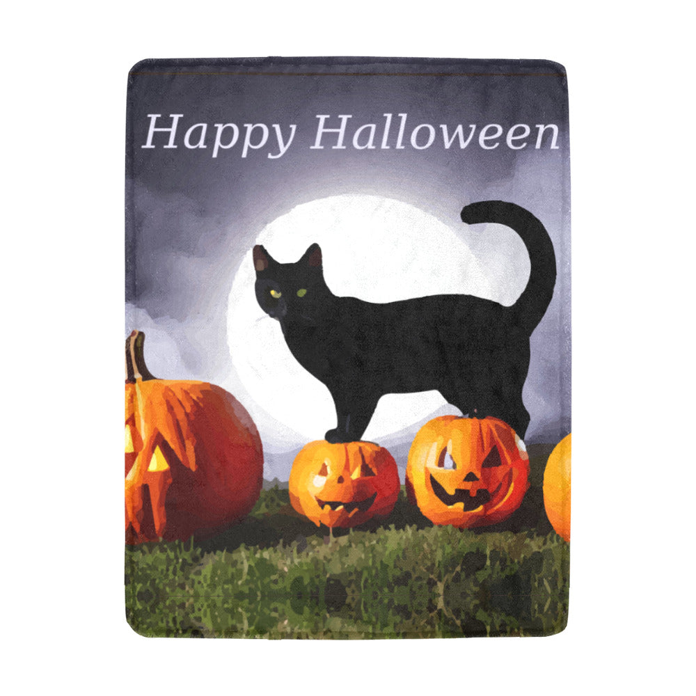 Halloween Black Cat on Orange Pumpkins Ultra Soft Blanket 43