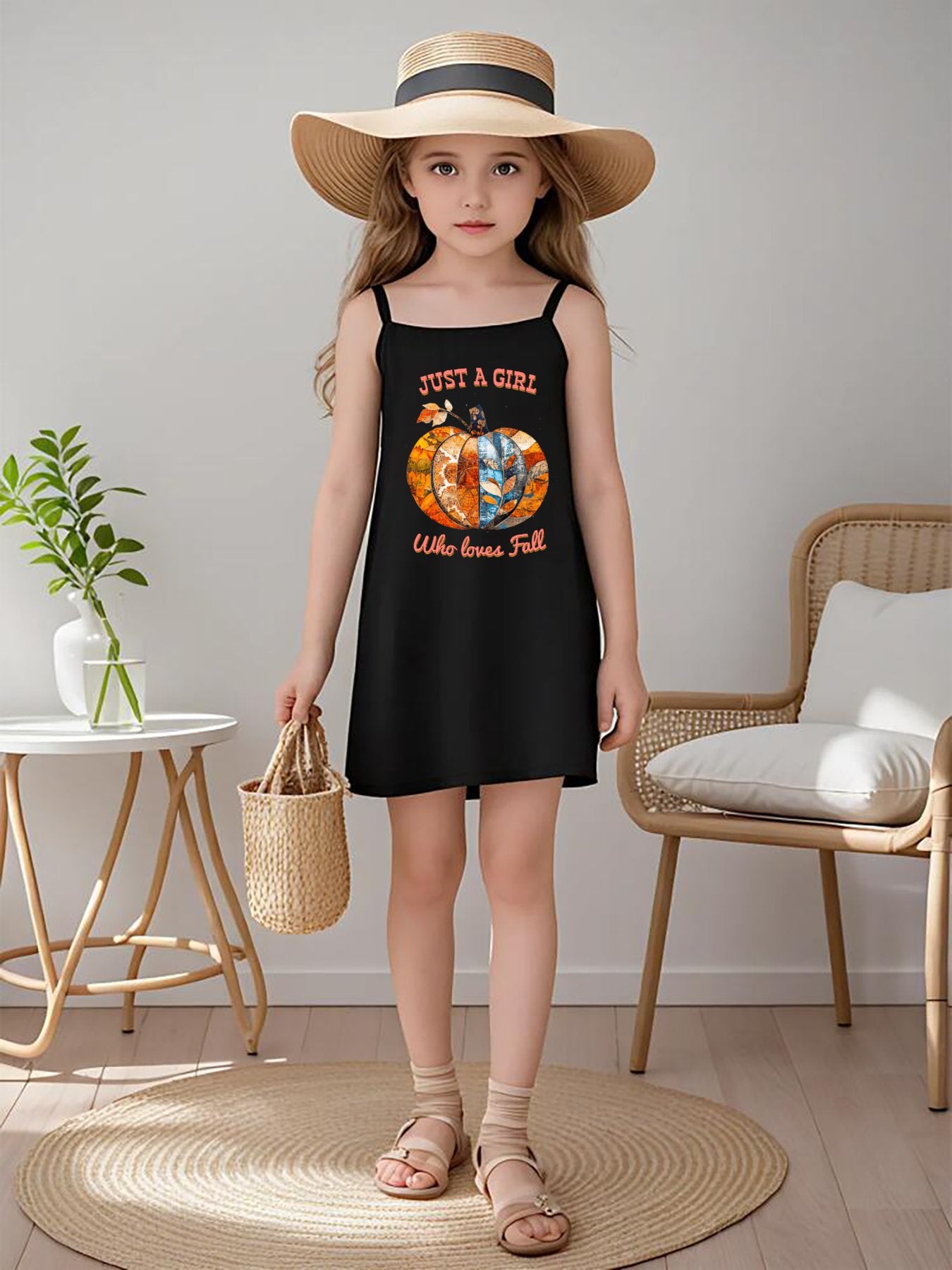 Just a Girl Who Loves Fall Pumpkins Girls' Dress with Shoulder Straps (Front Printing)