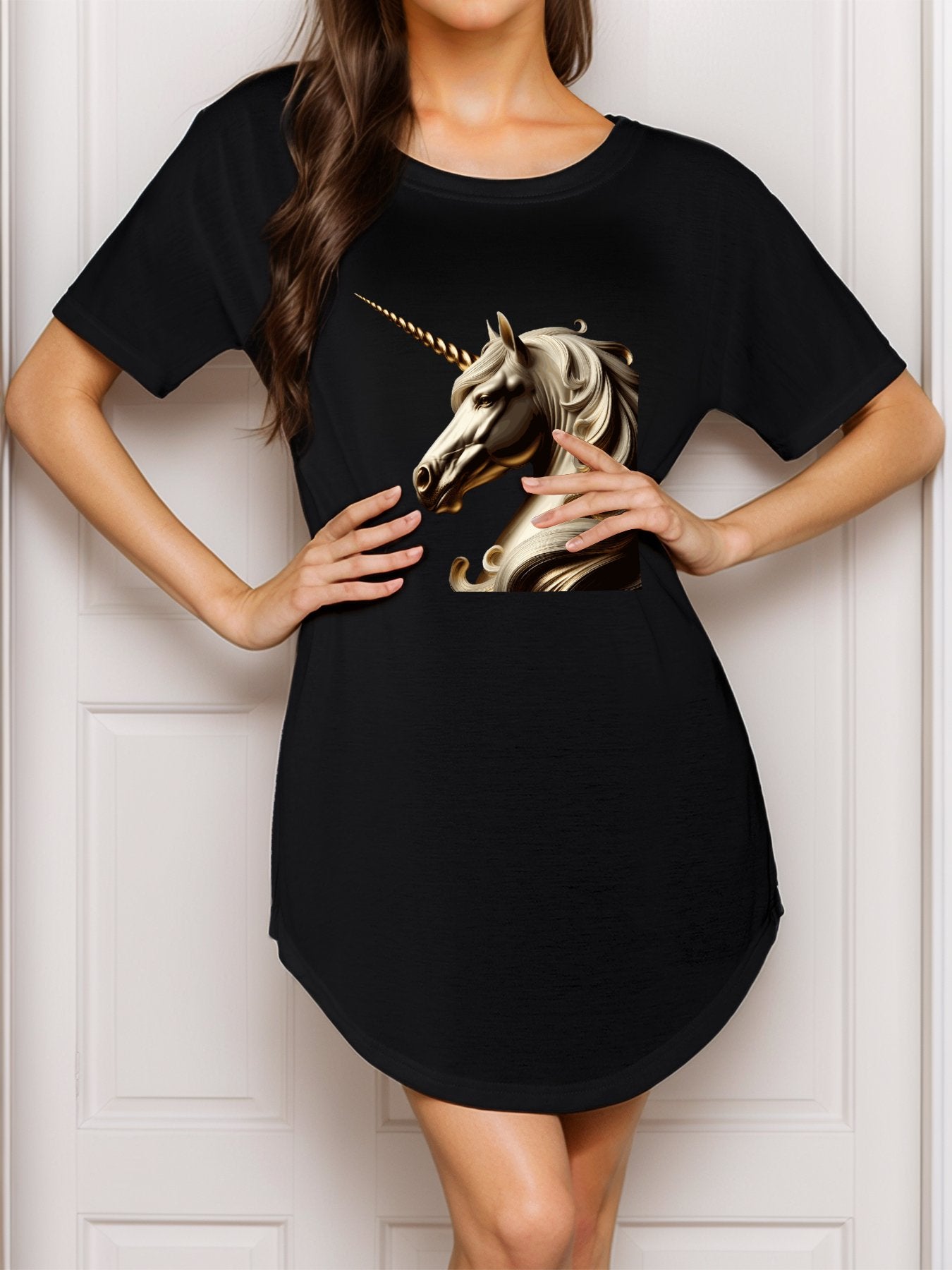 Golden Unicorn Casual Summer T-Shirt Dress for Women (Front Printing) Black / M Golden Unicorn Casual Summer T-Shirt Dress for Women (Front Printing) Black / M