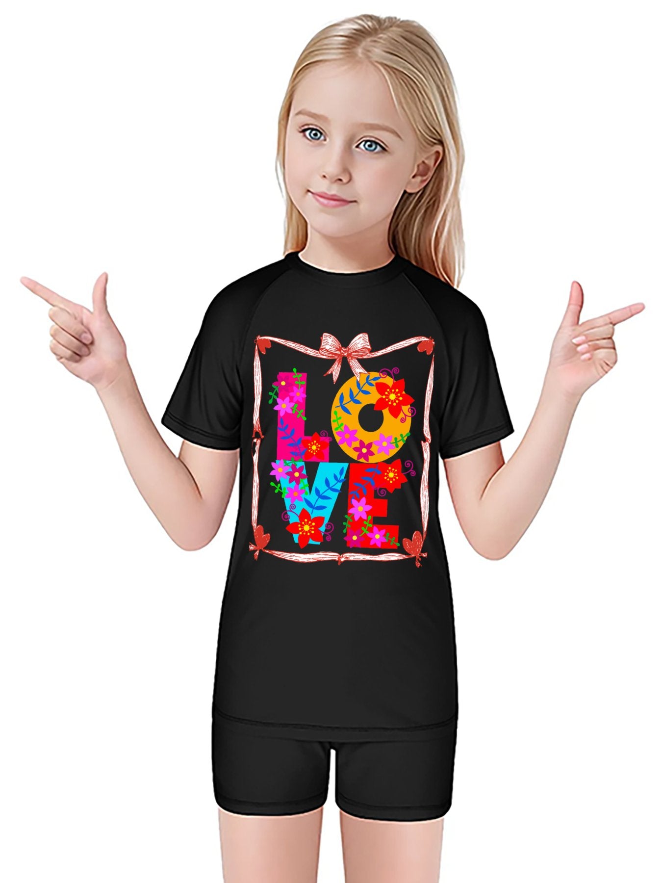 Floral LOVE Short Sleeved Swimsuit for Children (Front Printing)