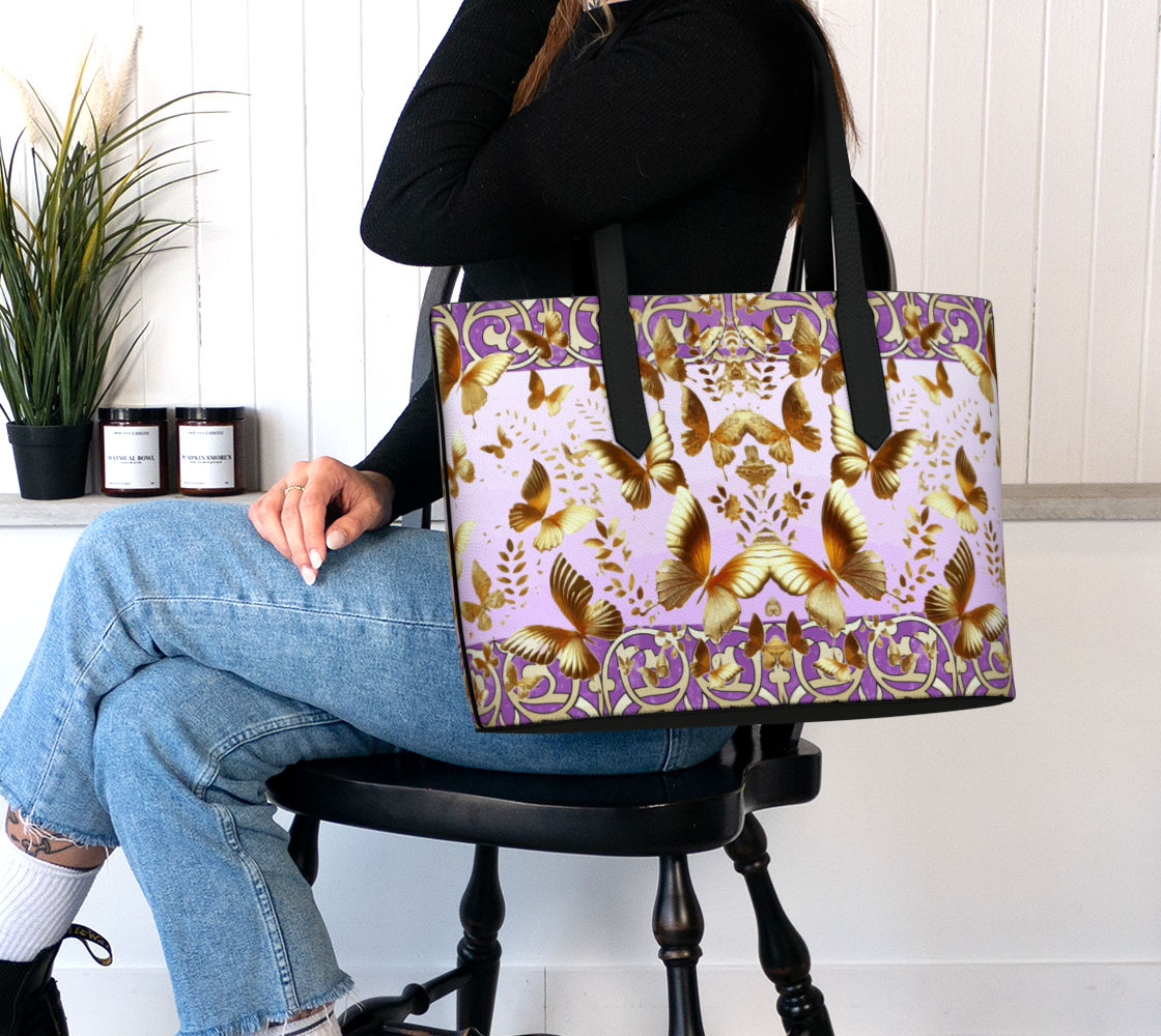 Golden Butterflies on Lavender Vegan Leather Tote Bag